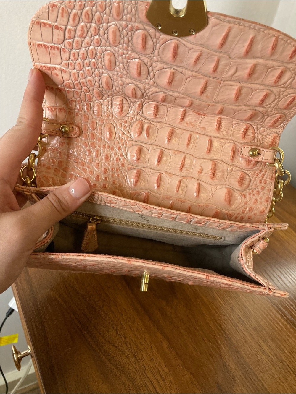 BRAHMIN Portia Pink Peach Croc Embossed Leather Flap Crossbody Bag Chain Strap - Picture 8 of 8